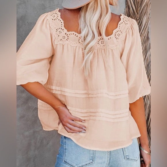 AlvaQ women Summer Lace Crochet Square Neck Top Ruffle Lantern Shirt 2XL Pink - Picture 4 of 5